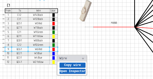 Right-click menu on wire