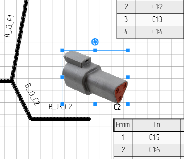 Selected sideview showing resize handles and rotation handle